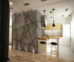Дизайн квартиры студии с серым полом подразумевает использование
